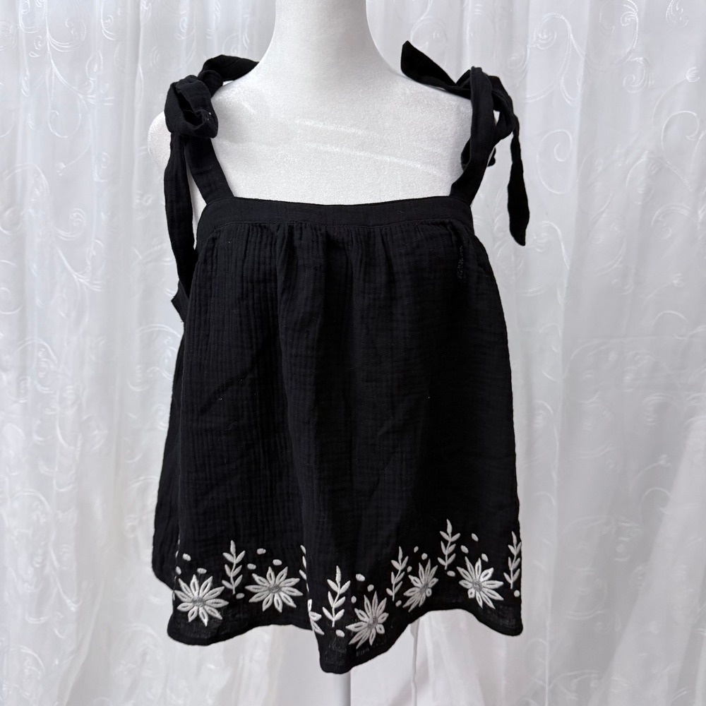 Newim Black Gauze Tie Strap Camisole Top Floral Embroidered Hem NT12135 Large